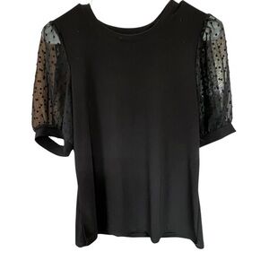 CeCe Black Top with Sheer Polka Dot Sleeves